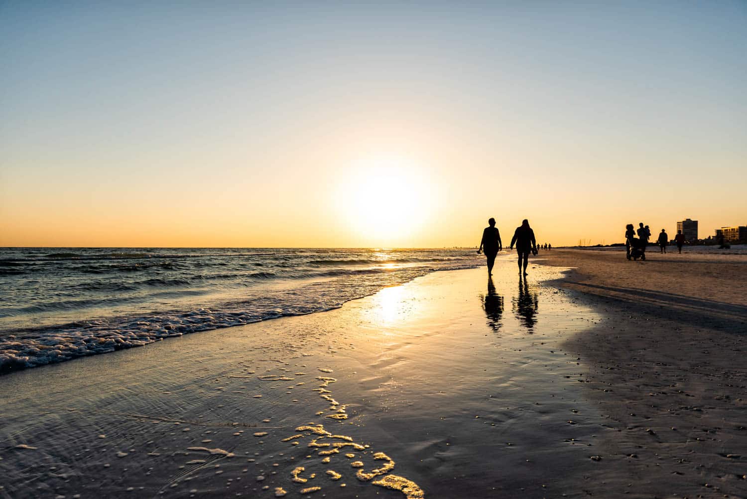Sarasota, USA Sunset sun in Siesta Key, Florida with coastline o